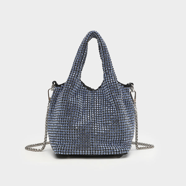 Small all-over rhinestone crystal bucket bag with twin handles and detachable chain shoulder strap, detail view 11