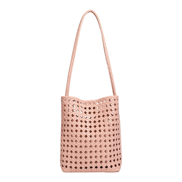 Altrosa Bucket-Bag aus offenmaschigem Webmaterial mit langem Flechtriemen und passender Innentasche mit Reißverschluss, Detailansicht 5