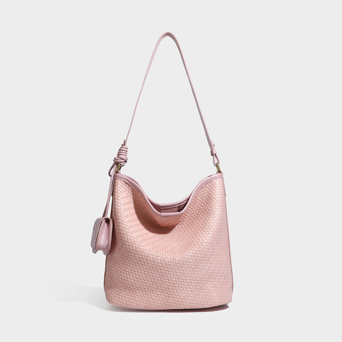 Woven-look slouchy hobo shoulder bag in brown with attached mini pouch and gold-tone hardware, detail view 7