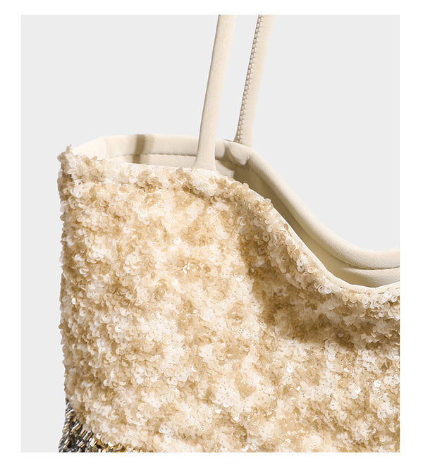 Soft rectangular sequin tote bag with colorblock metallic panels and long slim shoulder straps, detail view 19
