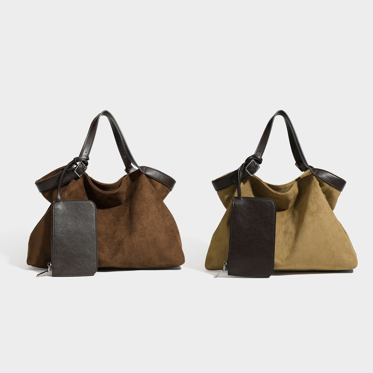 Large slouchy suede-look tote bag in warm brown with dark smooth trim, dual top handles, detachable zip pouch, and, detail