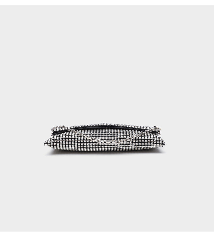 Small rectangular all-over rhinestone flap crossbody clutch bag with silver chain strap, detail view 9