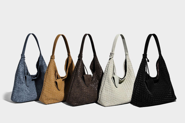 Slouchy woven hobo shoulder bag with knotted strap and matte leather-look textured finish, detail view 14