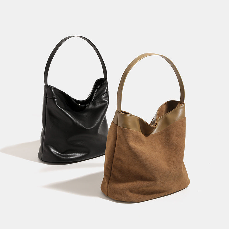 Vintage matte suede-effect bucket shoulder bag with smooth leather-look trim band and flat strap, detail view 2