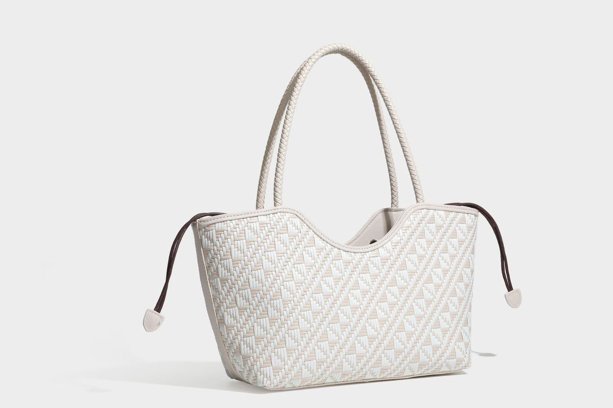 Woven geometric two-tone tote bag with braided shoulder straps and leather-look trim, detail view 35