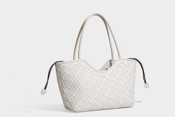 Woven geometric two-tone tote bag with braided shoulder straps and leather-look trim, detail view 35