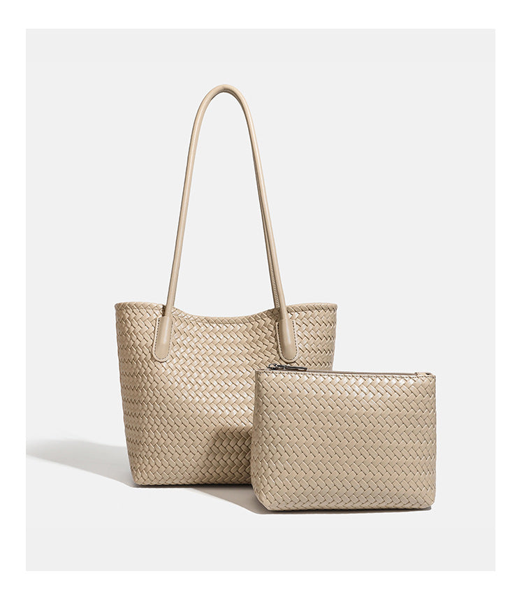 Structured woven leather-look tote bag with long shoulder straps and matching zippered pouch, detail view 18