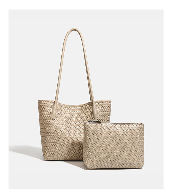 Structured woven leather-look tote bag with long shoulder straps and matching zippered pouch, detail view 18