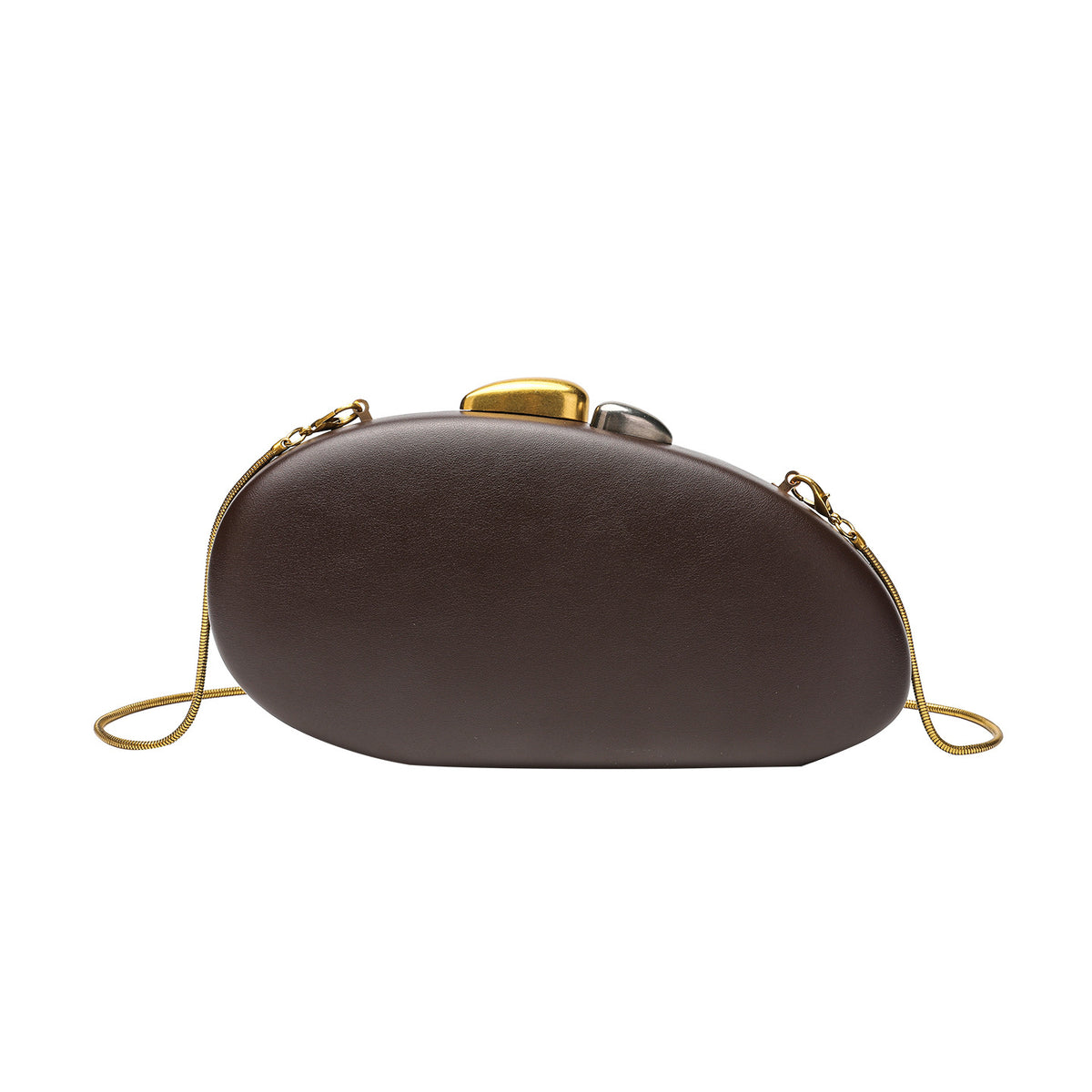 Oval hard-shell crossbody clutch bag with smooth matte leather-look finish and gold-tone snake chain strap, detail view 5