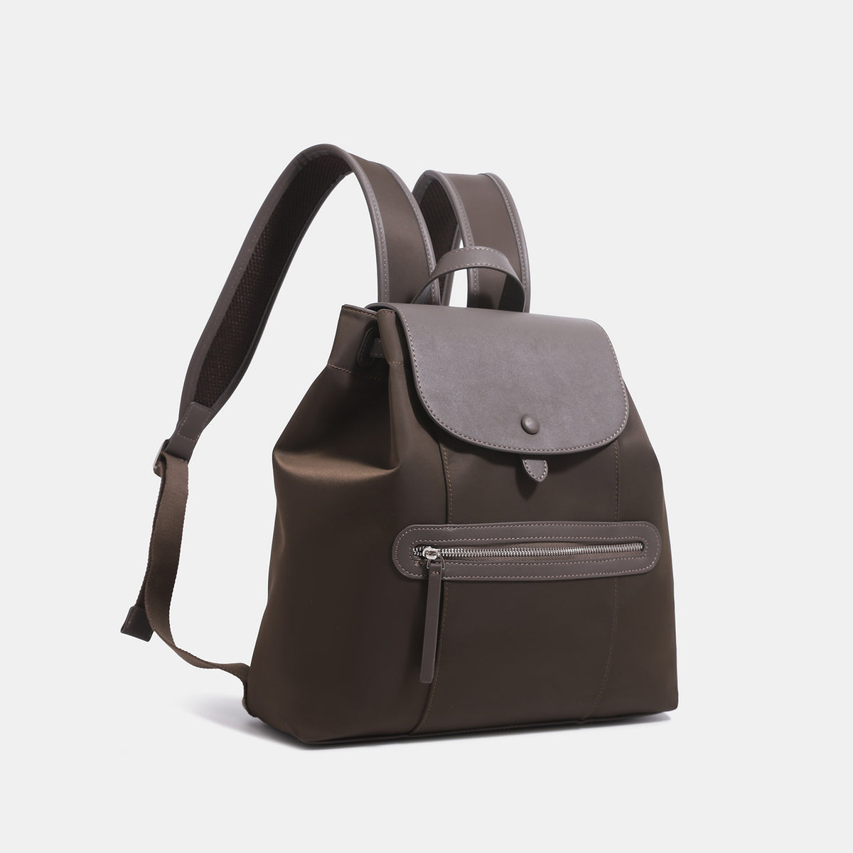 Structured flap backpack handbag with snap closure and front zip pocket, detail view 3