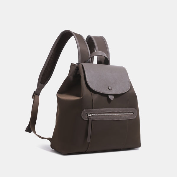 Structured flap backpack handbag with snap closure and front zip pocket, detail view 3