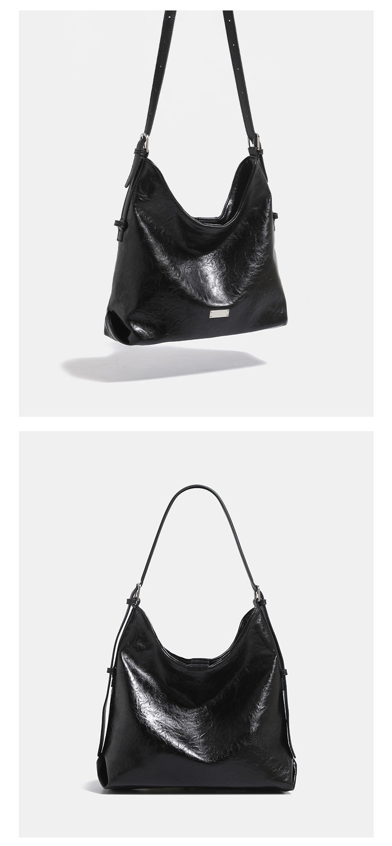 Slouchy hobo shoulder bag with glossy wrinkled leather-look finish, adjustable strap, and snap closure, detail view 10