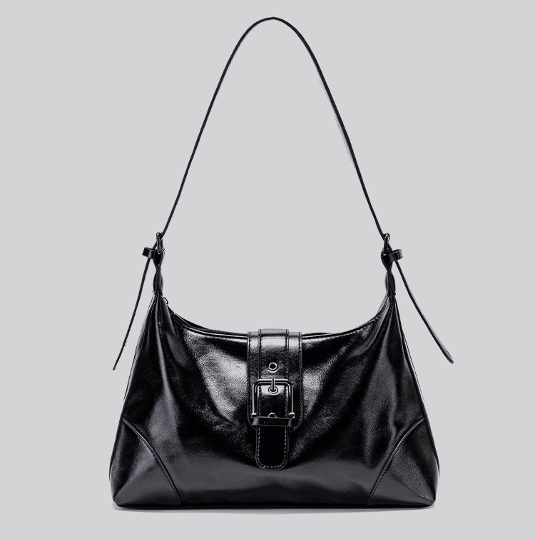 Glossy dark brown slouch hobo shoulder bag with front buckle strap panel and long adjustable single strap, detail view 17