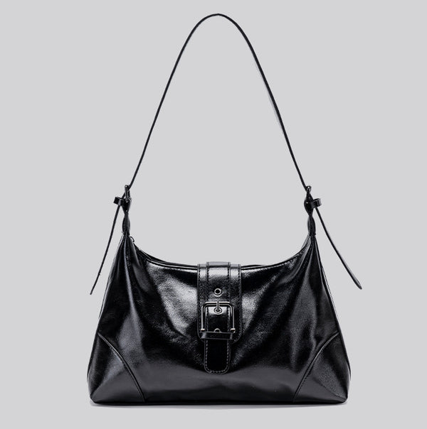 Glossy dark brown slouch hobo shoulder bag with front buckle strap panel and long adjustable single strap, detail view 17