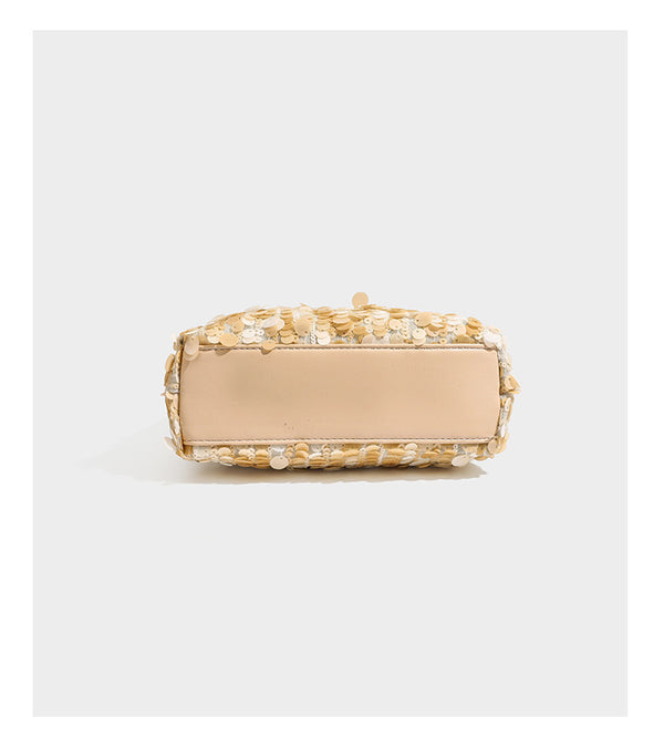 Champagne and ivory large-disc sequin shoulder bag with baroque faux-pearl beaded chain strap and silver-tone zip closure