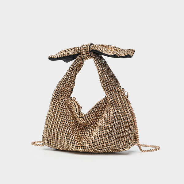Schultertasche mit Schleife, vollständig mit Kristall-Strasssteinen besetzt, Kettenriemen und Reißverschluss, Detailansicht 4