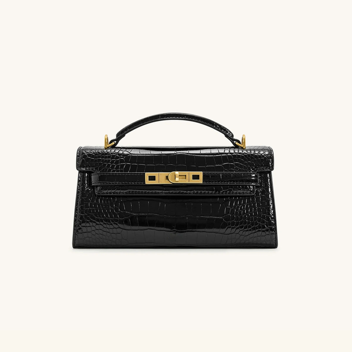 Strukturierte rechteckige Satchel-Tasche mit Krokodilprägung, goldfarbenem Drehverschluss und kurzem Henkel, Detailansicht 6