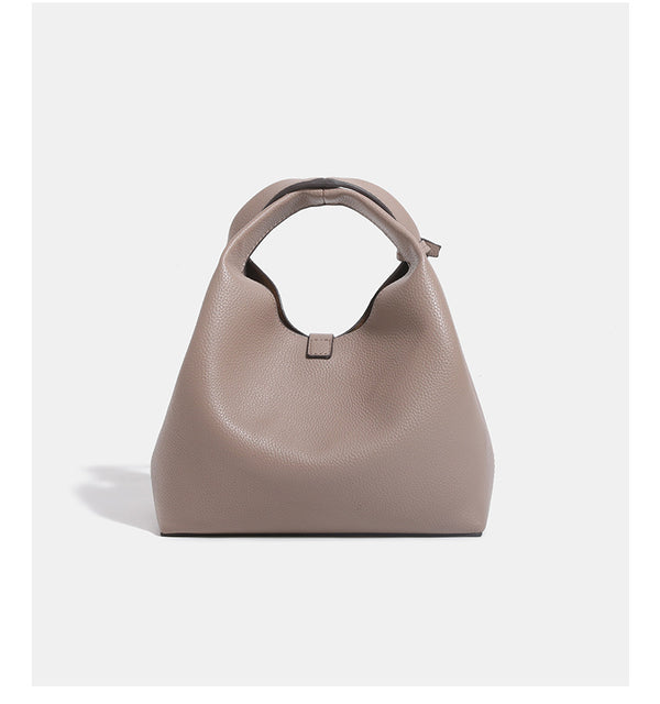 Structured pebbled leather-look bucket bag with gold-tone turn-lock clasp and looped top handle, detail view 14