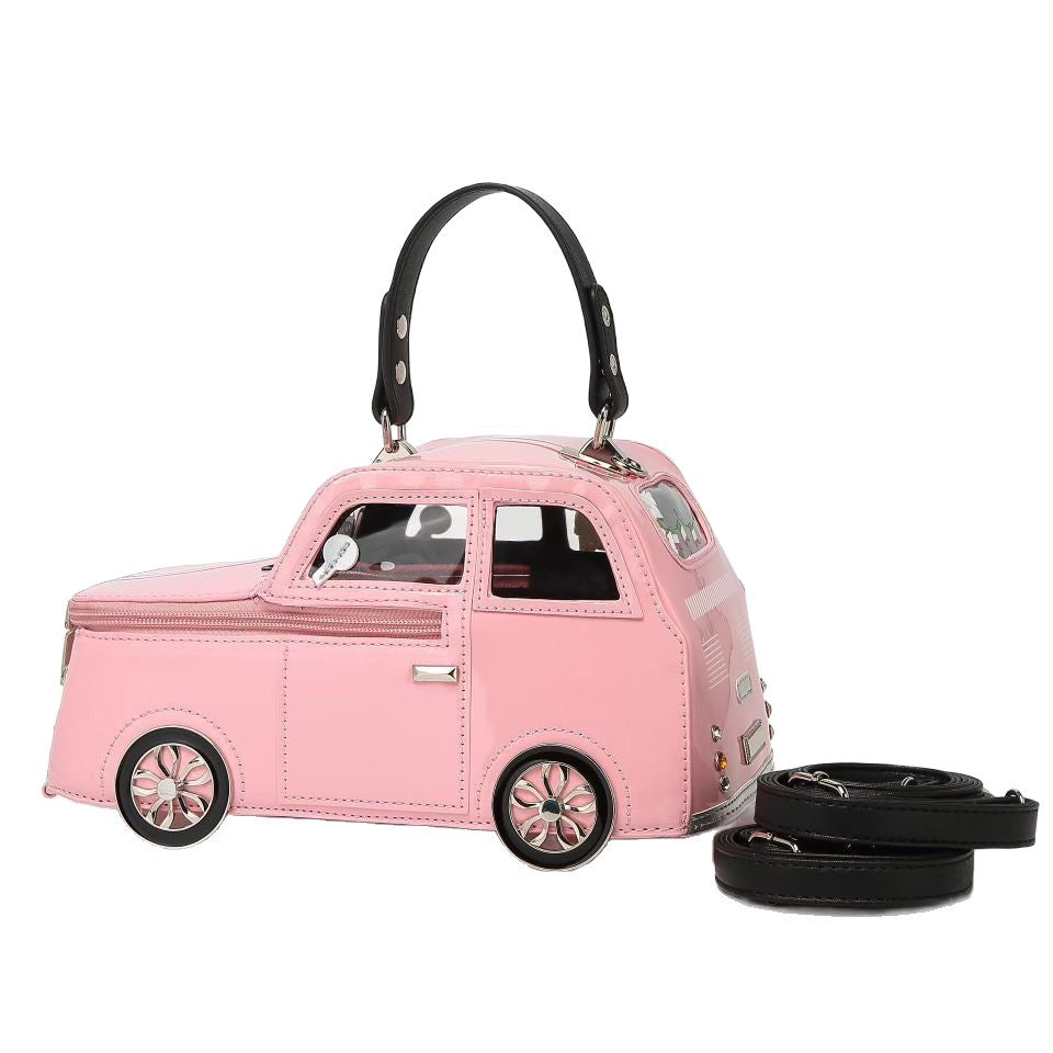 Mini-Handtasche in Autoform mit strukturierter Form, glänzender Lackoptik, dekorativen Speichenrädern, transparenten Fenstereinsätzen und