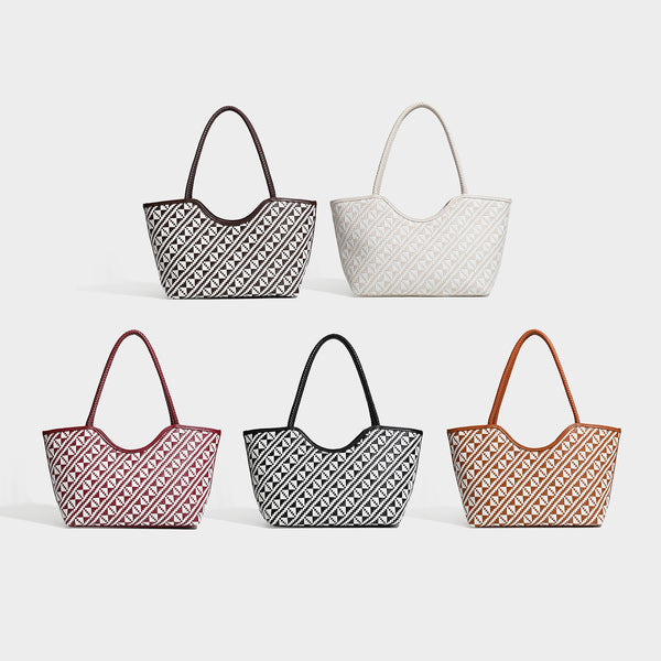 Woven geometric two-tone tote bag with braided shoulder straps and leather-look trim, detail view 2