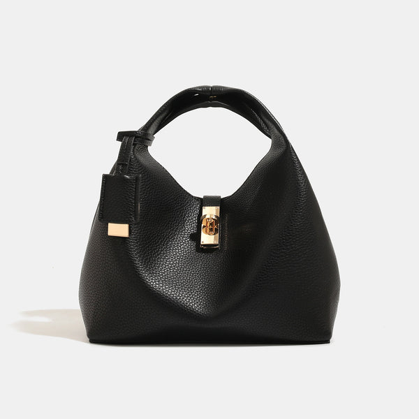 Structured pebbled leather-look bucket bag with gold-tone turn-lock clasp and looped top handle, detail view 6