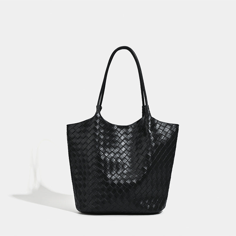 Large woven-texture open-top tote bag with single shoulder strap in butter yellow, detail view 7
