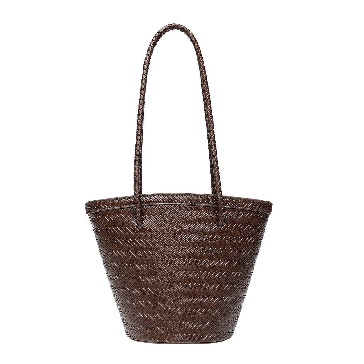 Woven herringbone-texture bucket bag with braided rope shoulder strap in dark brown, detail view 5