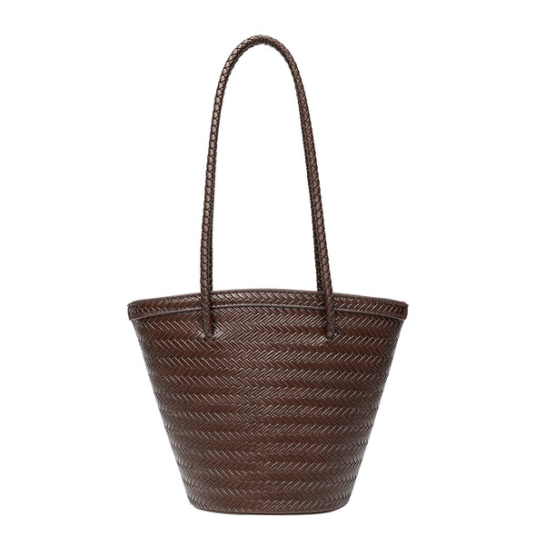 Woven herringbone-texture bucket bag with braided rope shoulder strap in dark brown, detail view 5