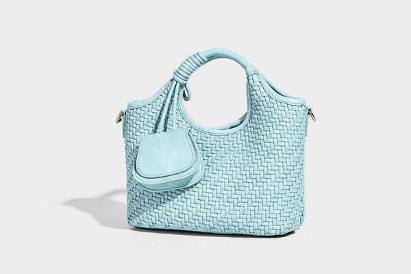 Woven texture tote bag with knotted top handles, attached front mini pouch, and gold-tone hardware, detail view 17