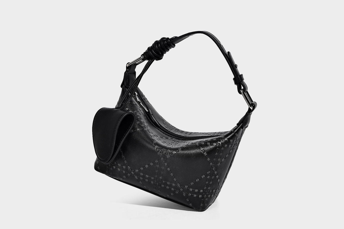 Small embossed half-moon shoulder bag with top zipper, detachable front pouch, and adjustable slim strap, detail view 10