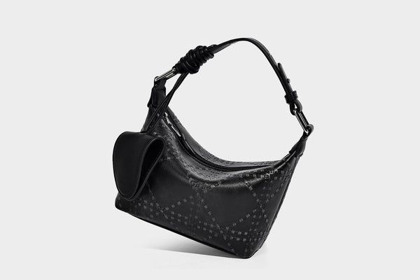 Small embossed half-moon shoulder bag with top zipper, detachable front pouch, and adjustable slim strap, detail view 10