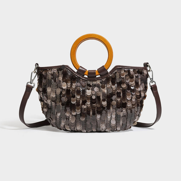 Small sequin half-moon handbag with circular wood-look ring handles and detachable leather-look shoulder strap, detail view 7