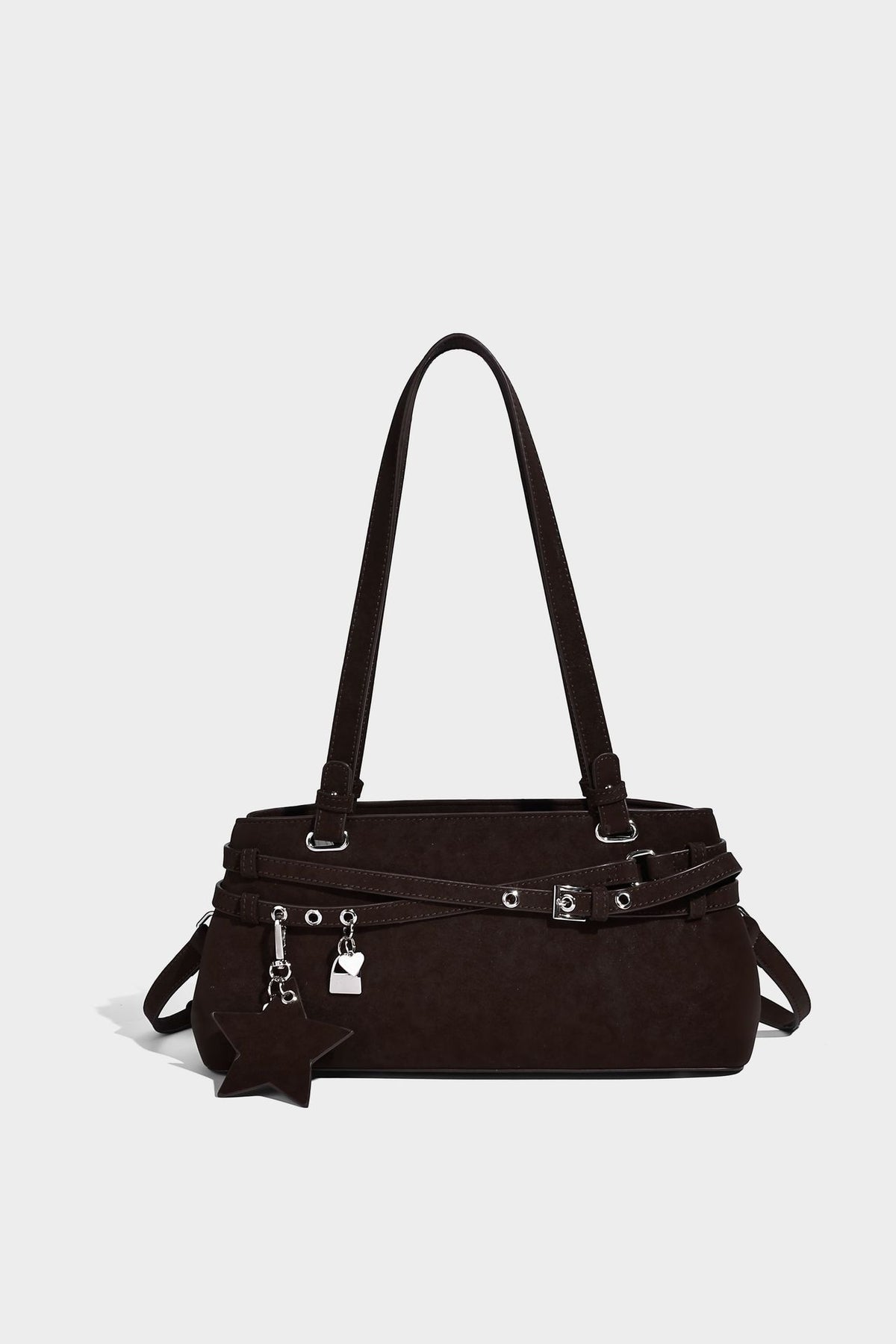 Structured trapezoid shoulder tote in dark brown matte suede-look finish with dual straps, wraparound belt bands