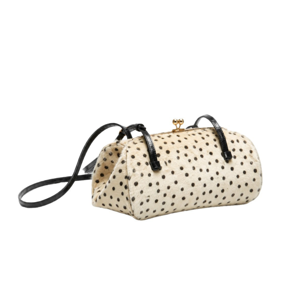 Spotted faux-fur barrel shoulder bag with gold kiss-lock clasp and black adjustable leather-look straps, detail view 5