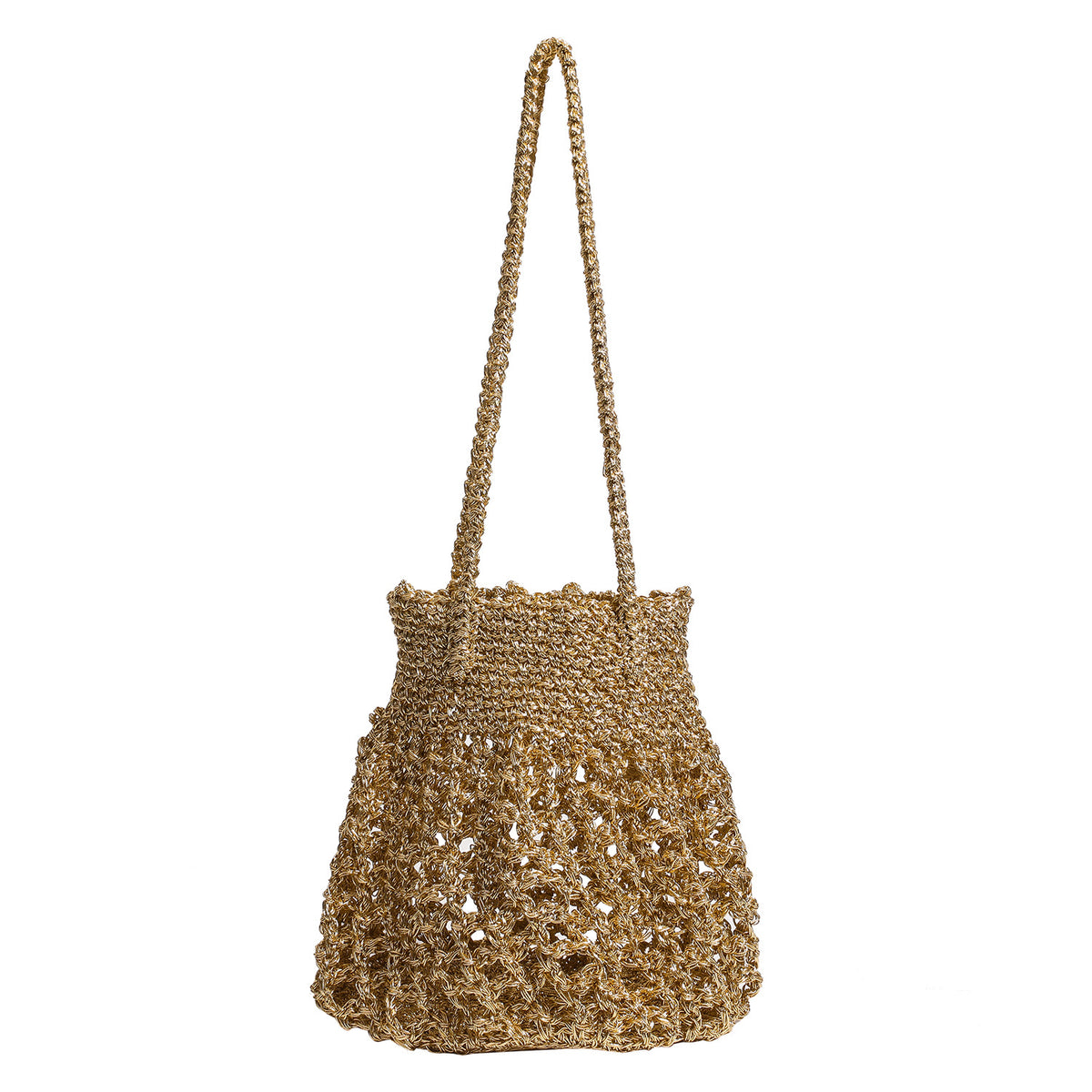 Von Hand gehäkelte Bucket-Bag aus metallischem Kettengeflecht mit langen, fest angebrachten Ketten-Schulterriemen und offenem Abschluss, Detailansicht 5