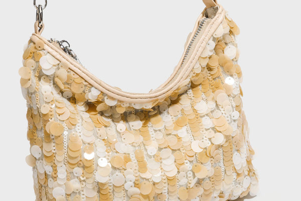 Small crescent sequin shoulder bag with pearl beaded strap and zip closure, detail view 25
