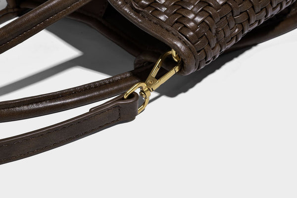 Woven texture open-top tote bag with smooth trim top handles and attached mini drawstring pouch in dark brown, detail view 22