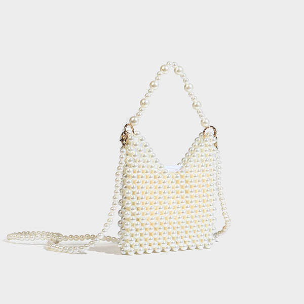 Small silver metallic beaded mini bag with braided rhinestone top handle and detachable chain crossbody strap, detail view 29