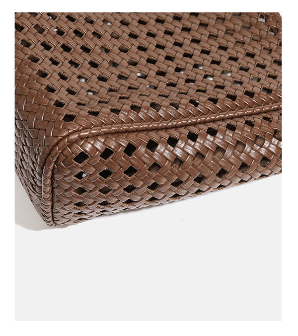 Slouchy open-lattice woven shoulder tote bag with long braided straps and matching zip pouch, detail view 19