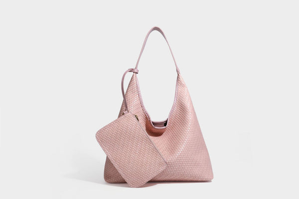 Slouchy woven leather-look hobo tote bag in brown with detachable zip pouch and gold-tone hardware, detail view 46