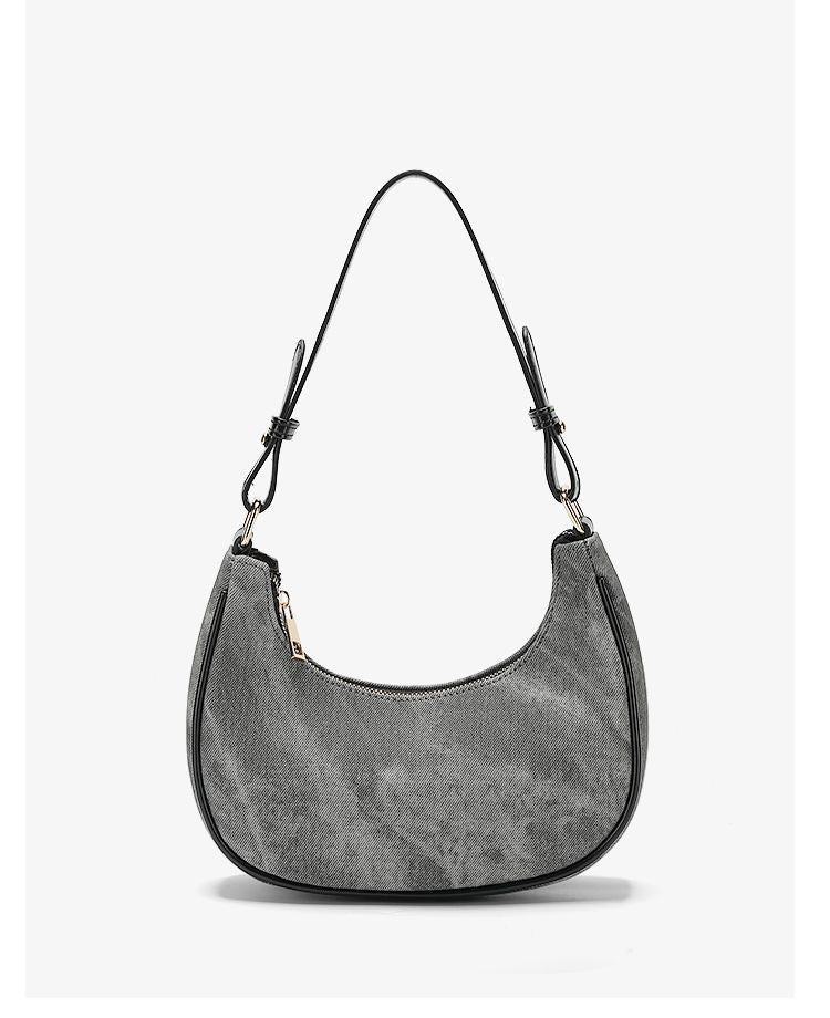 Small gray crescent half-moon shoulder bag with black leather-look trim, gold-tone zipper, and adjustable slim strap, detail