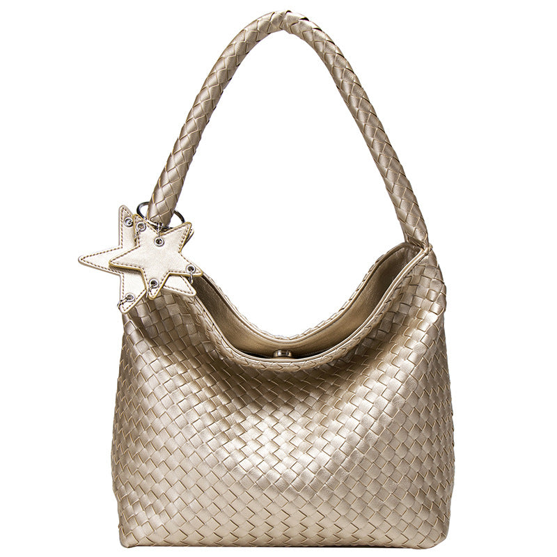 Large woven leather-look hobo shoulder bag with braided strap and star charm, detail view 5