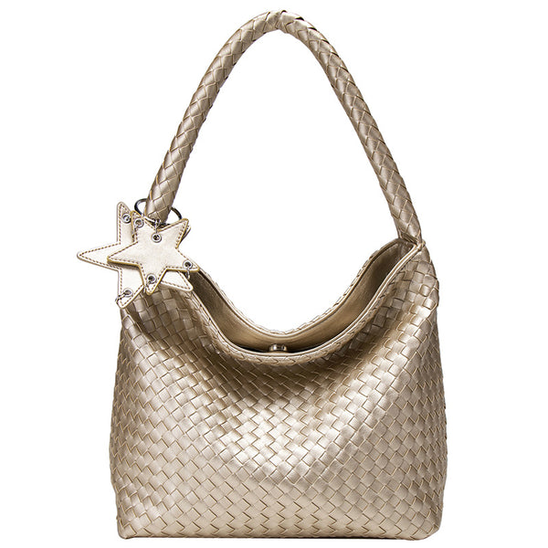 Large woven leather-look hobo shoulder bag with braided strap and star charm, detail view 5