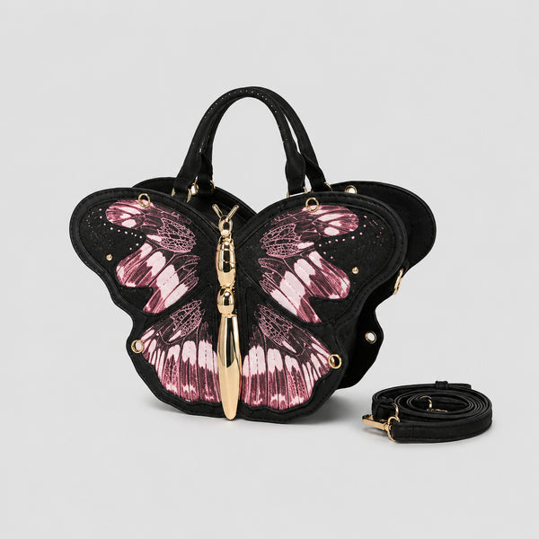 Schwarze Handtasche in Schmetterlingsform mit rosafarbenem Flügelprint und goldfarbenem, skulpturalem Schmetterlingskörper als Zipper, Detailansicht 10