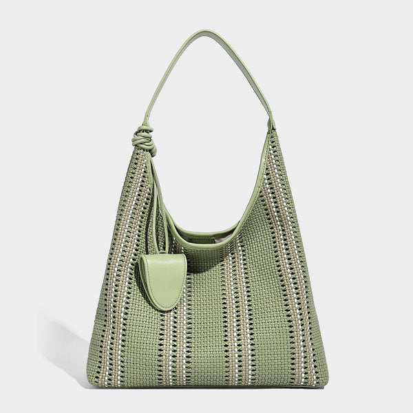Woven striped slouch shoulder tote bag with knotted strap and attached front flap pouch, detail view 3