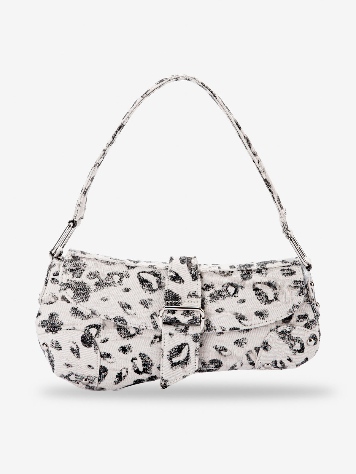 Small washed leopard print shoulder bag in blue-grey with silver buckle strap and stud accents, detail view 14