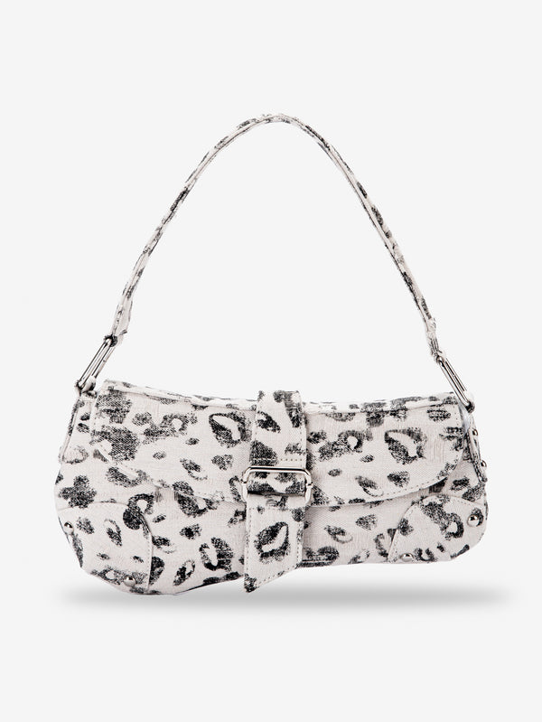 Small washed leopard print shoulder bag in blue-grey with silver buckle strap and stud accents, detail view 14