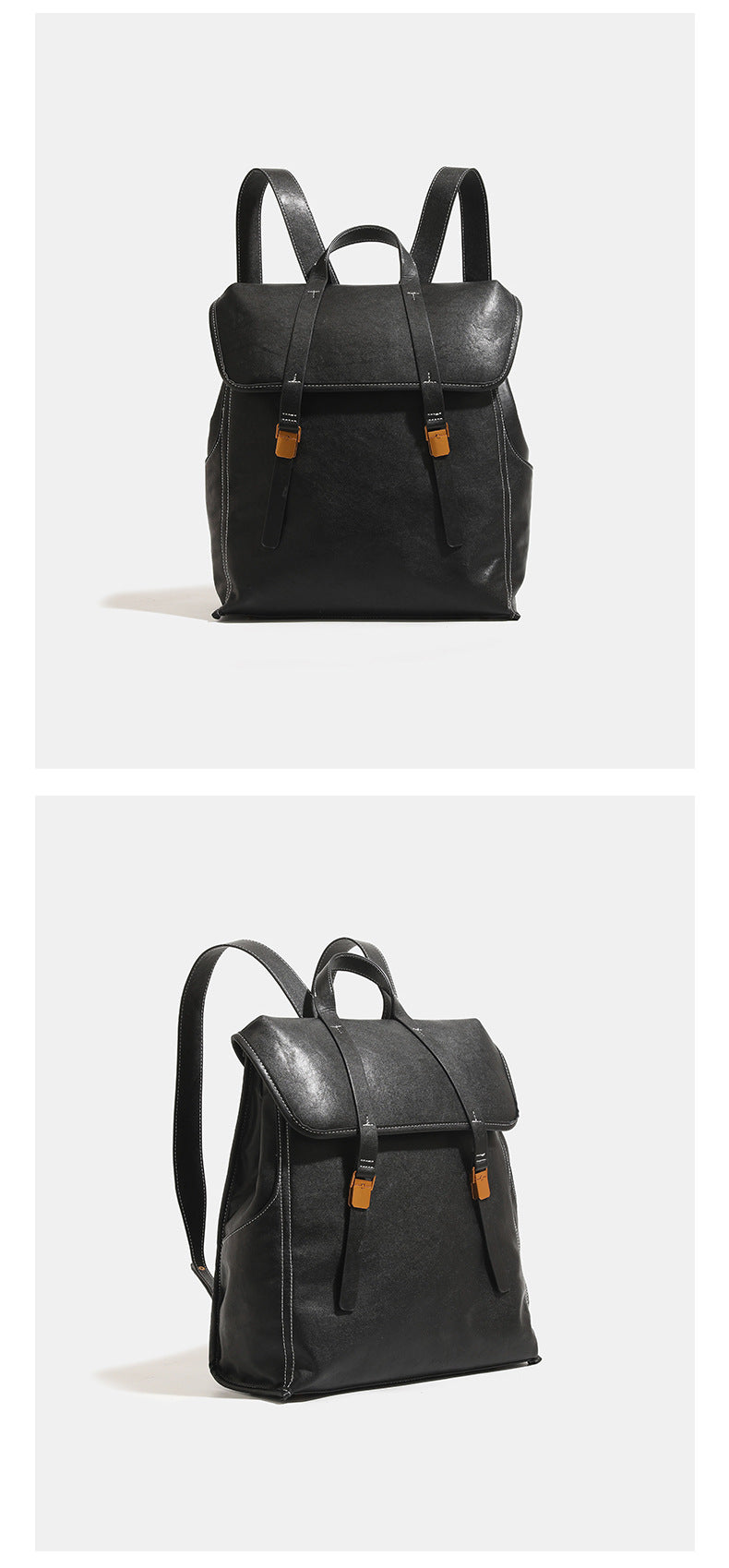 Structured leather-look flap backpack handbag with top handle, buckle front straps, white contrast stitching, and gold-tone
