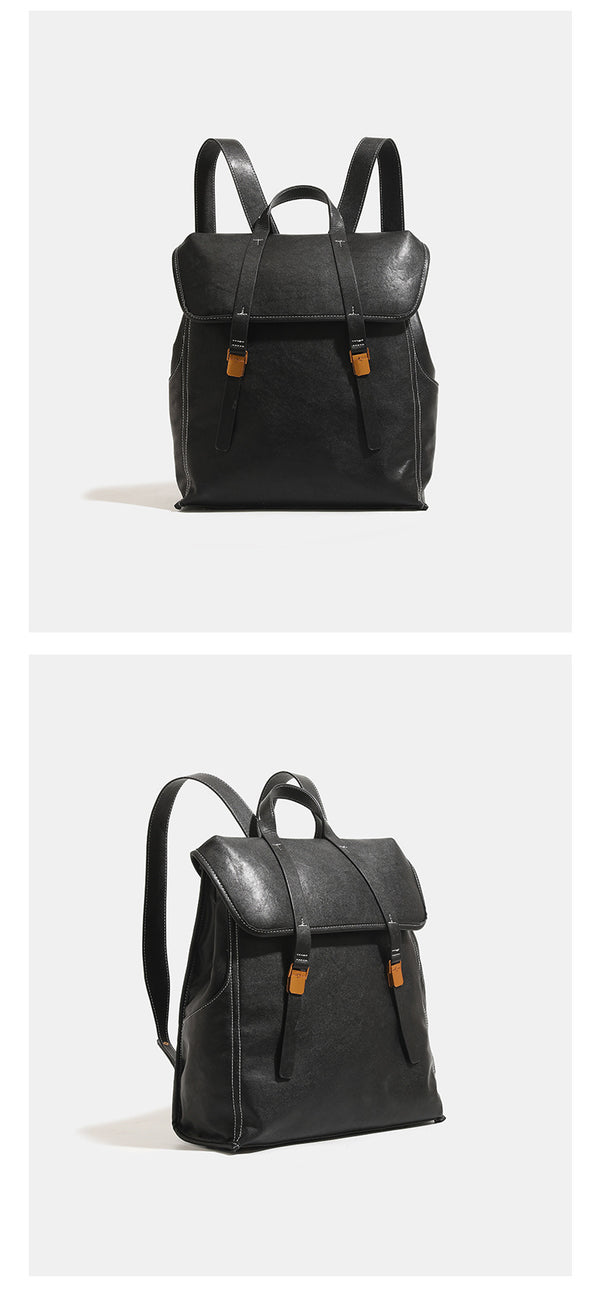 Structured leather-look flap backpack handbag with top handle, buckle front straps, white contrast stitching, and gold-tone