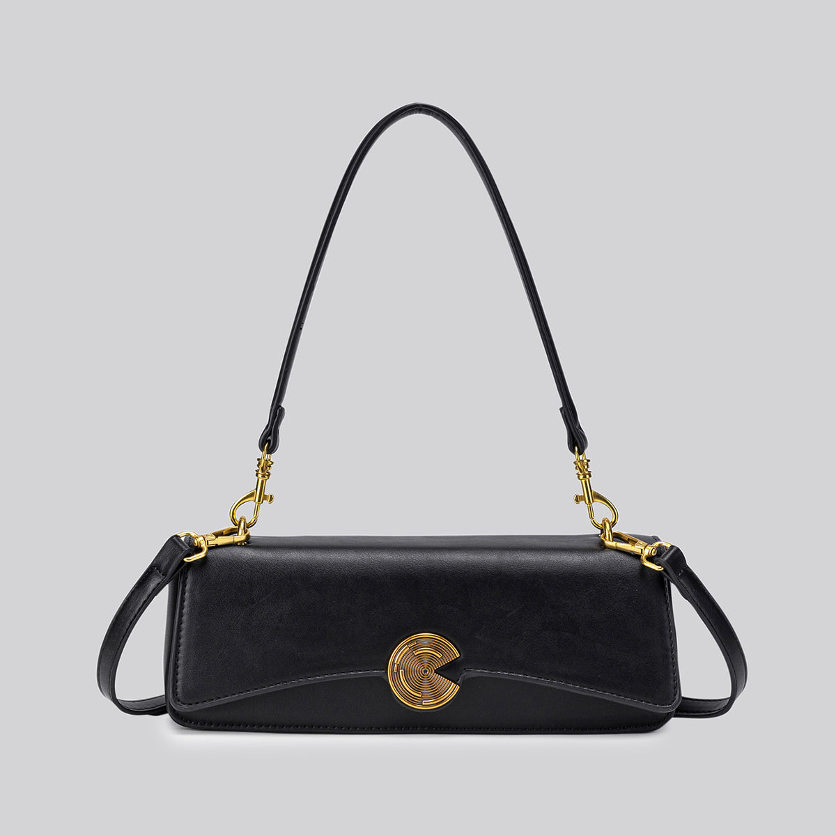 Structured rectangular flap bag with gold-tone circular turn-lock closure and detachable crossbody strap, detail view 6